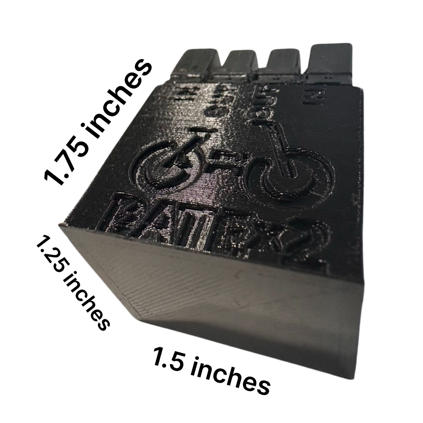 The ElectricAllWheel DateX2 Dx4 is a black 3D-printed plug-and-play battery balancer (30A continuous, 60A max) with labeled measurements—an ideal accessory for electric bike battery kits. Size: 1.75 x 1.25 x 1.5 inches.