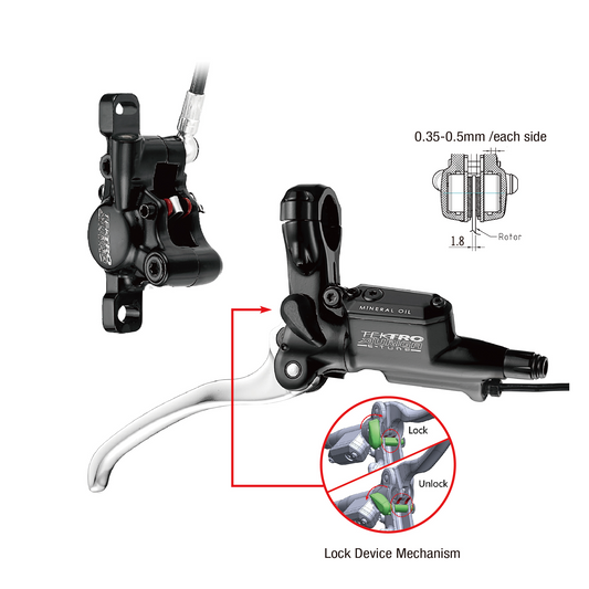 The Tampa Bay eBikes' TekTro - HD-E530 Hydraulic Disc Brake Right features a comprehensive hydraulic disc brake system, which includes a brake lever and caliper, along with a detailed depiction of the lock device mechanism and rotor clearance specification. Designed specifically for E-Bikes, it integrates seamlessly with a power cut-off sensor for enhanced safety.