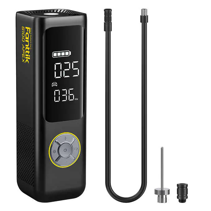 Digital air pump with high-pressure capacity, featuring a display and accessories that include a flexible hose and metal nozzle adapters - Fanttik S100 APEX.