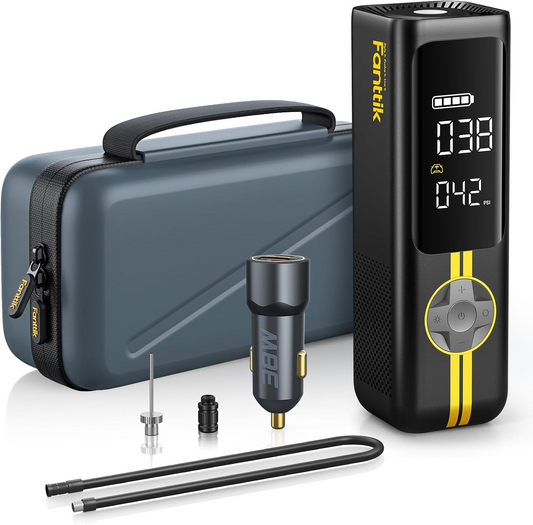 The Fanttik X8 APEX Set by Fanttik is a portable air pump with digital display, carrying case, multiple nozzles, power adapter, and air hose—designed for fast precision inflation and shown arranged neatly on a white background.