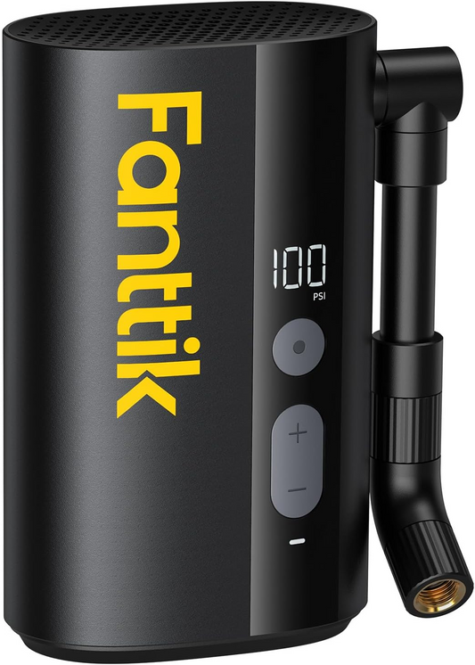 The Fanttik X9 Ace Mini is a black portable air compressor with yellow "Fanttik" branding, digital PSI display, control buttons, and hose nozzle—ideal as a high-capacity portable bike or eBike pump for on-the-go use.