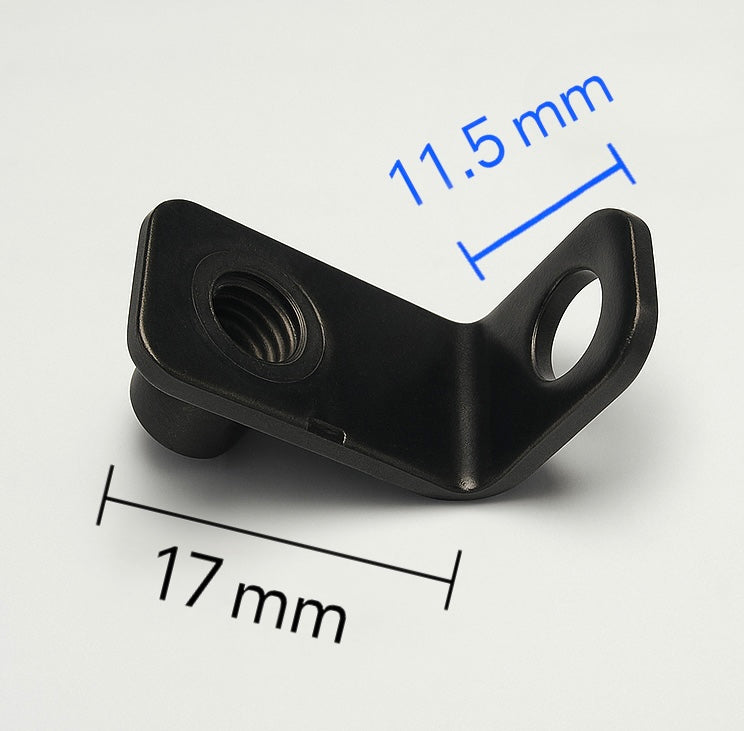 The Tampa Bay eBikes Universal 90° Front Fork Fender Bracket is a black metal bracket with two holes (one threaded), measuring 17 mm wide by 11.5 mm high—perfect as a universal replacement for your e-bike fender needs.