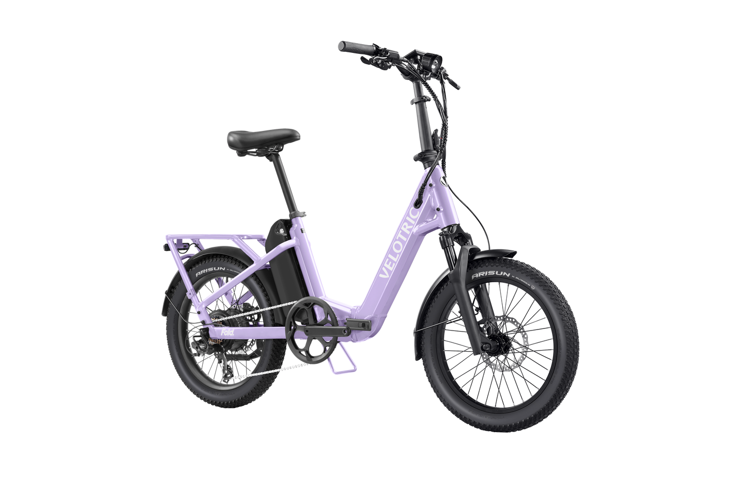 A lavender Velotric Fold 1 Plus foldable eBike by Velotric, featuring a step-through frame, rear rack, and fat tires, is displayed against a plain white background.
