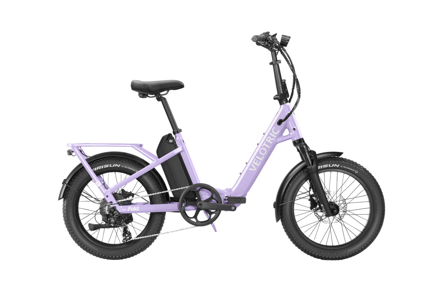 A Velotric Fold 1 Plus electric commuter bike by Velotric, in lavender with a step-through frame, rear cargo rack, and fat tires, is shown from the side on a white background.