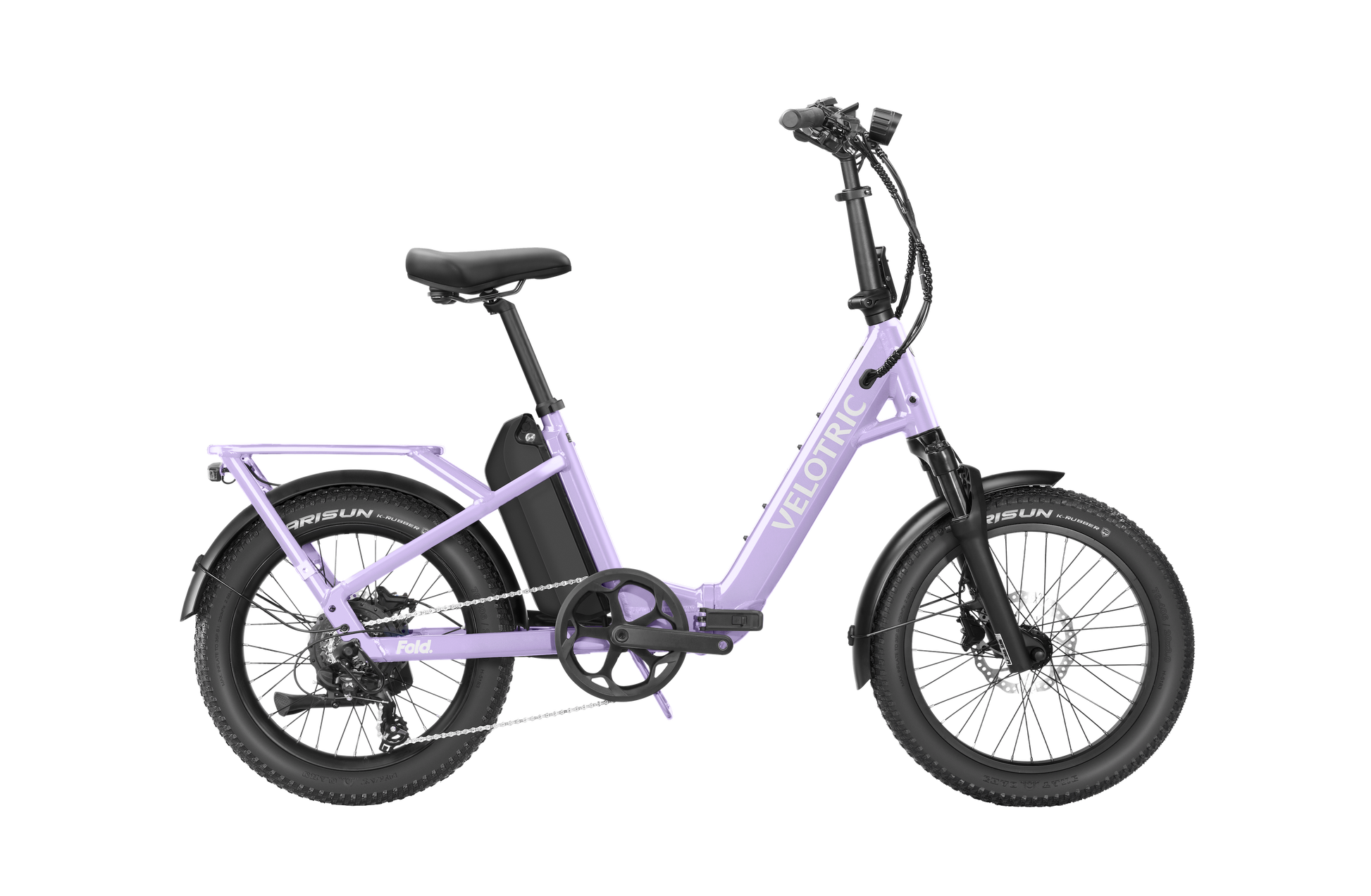 A Velotric Fold 1 Plus electric commuter bike by Velotric, in lavender with a step-through frame, rear cargo rack, and fat tires, is shown from the side on a white background.