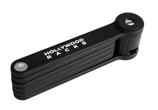 A Hollywood Racks "Lock - Hollywood Folding" in black, featuring a cylindrical locking mechanism on one end and an accordion-like folding design, ideal for securing eBikes.