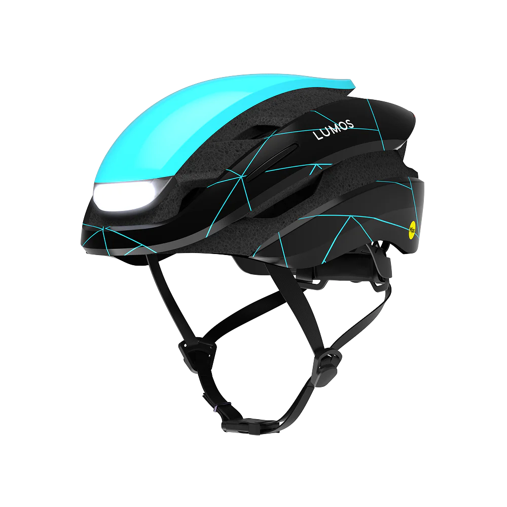 The Lumos Ultra MIPS helmet by Lumos, in black and blue, features integrated LED lights, a chin strap, and a geometric line design, all displayed on a white background.