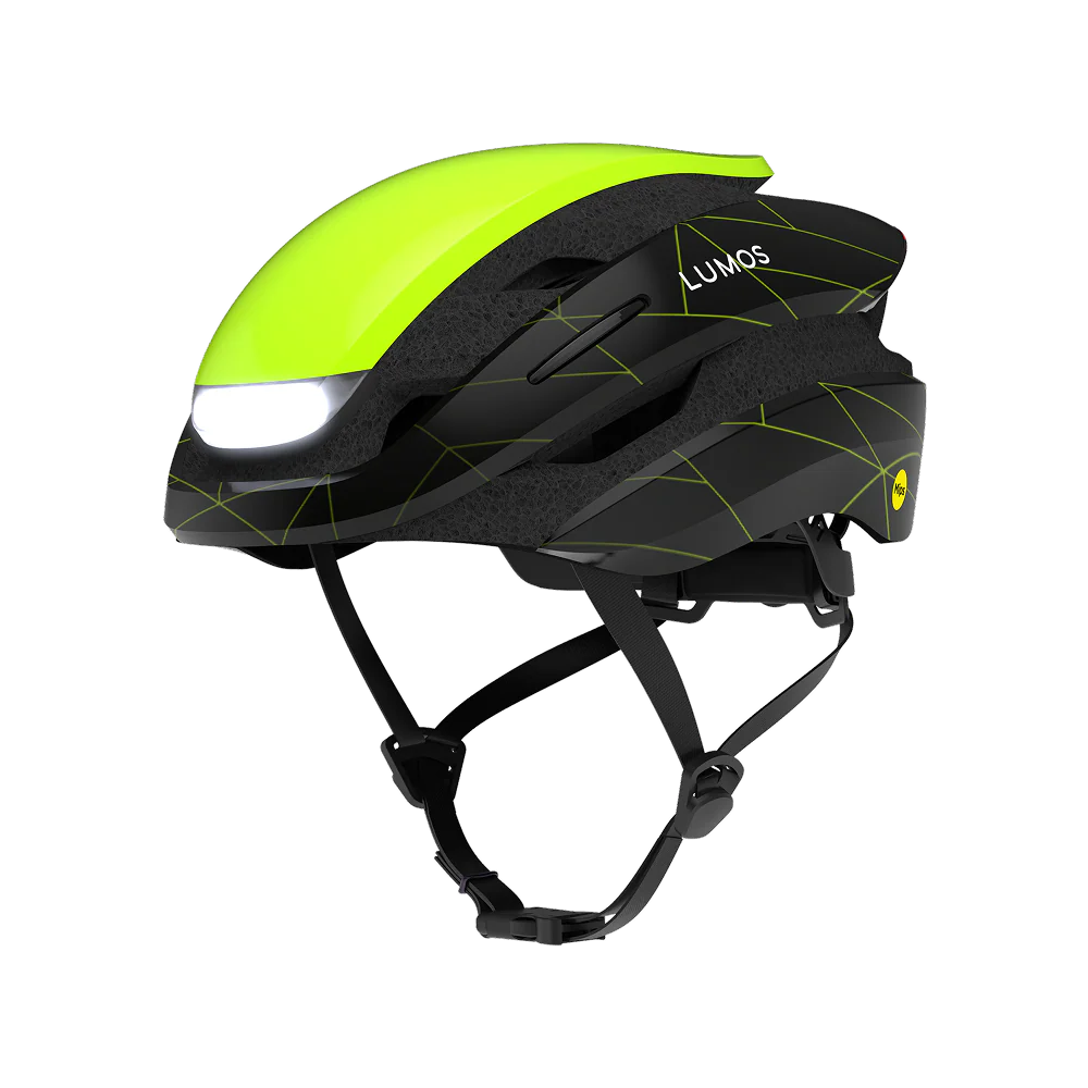 The Lumos Ultra MIPS Helmet by Lumos, shown in black and neon yellow with integrated LED lighting and adjustable straps, offers cycling safety. It is displayed against a white background.