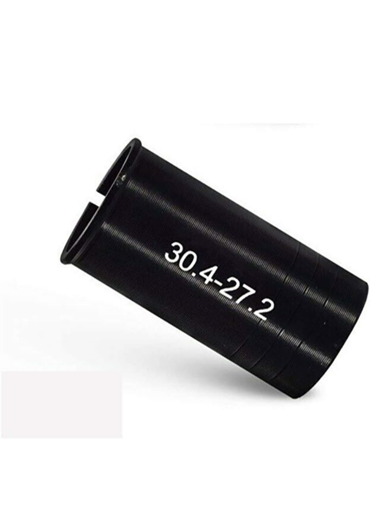 A black cylindrical object, identified as the Tampa Bay eBikes Seatpost Shim Sleeve, displays the white numbers "30.4-27.2" and is placed against a white background.