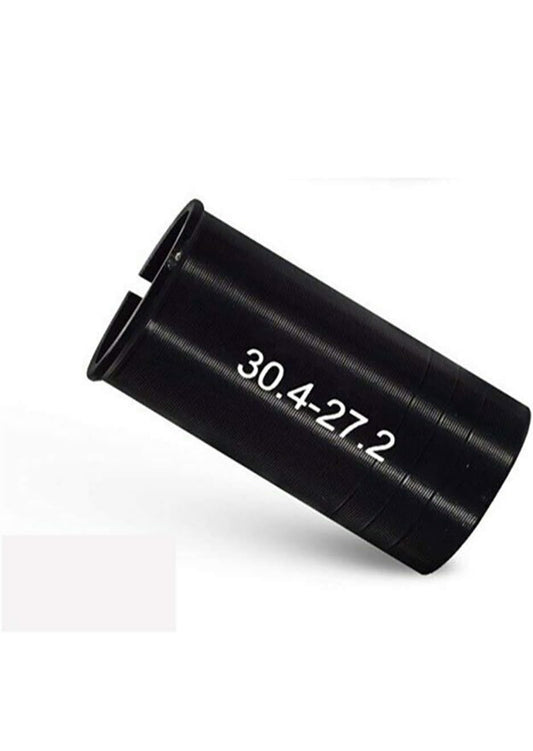 A black cylindrical object, identified as the Tampa Bay eBikes Seatpost Shim Sleeve, displays the white numbers "30.4-27.2" and is placed against a white background.