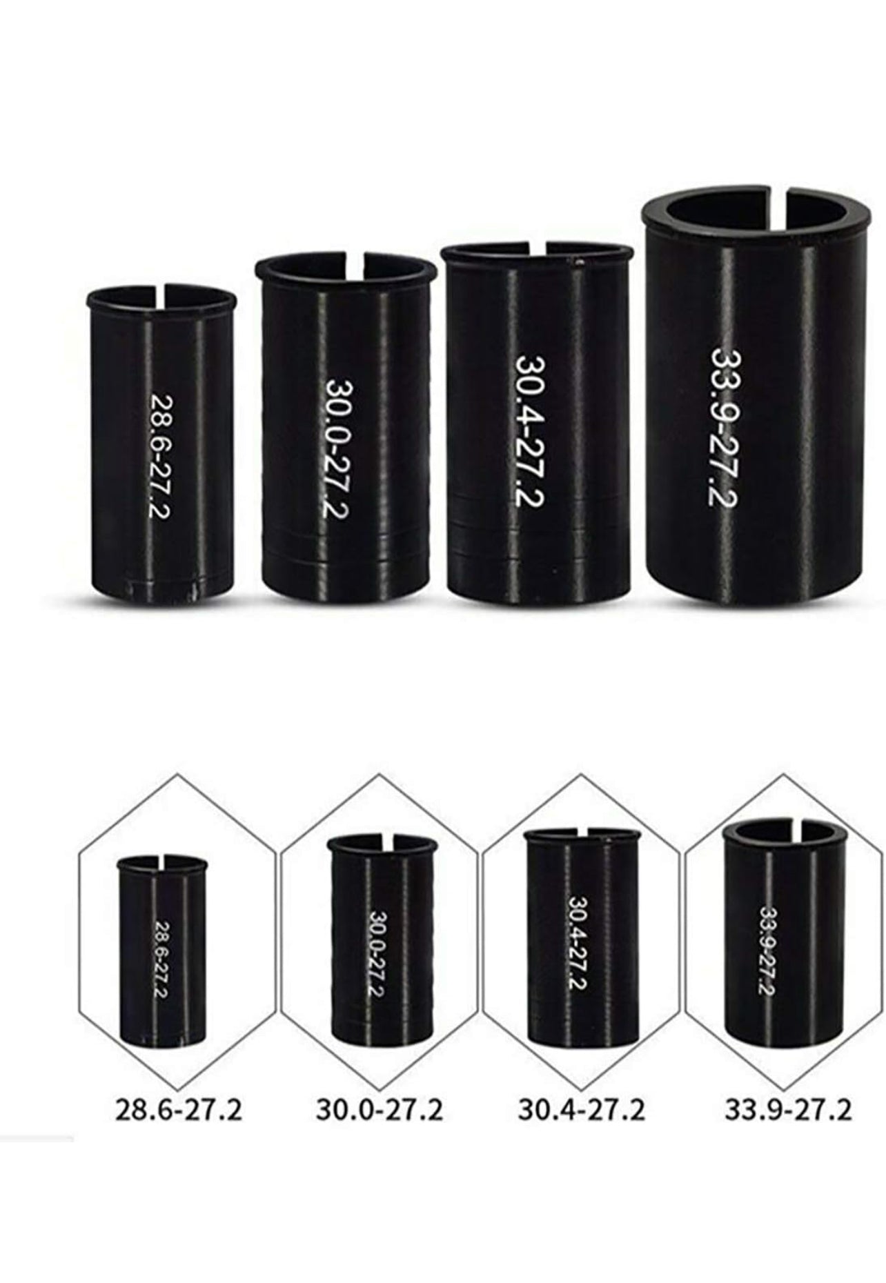 Set of four black cylindrical Seatpost Shim Sleeves from Tampa Bay eBikes, featuring white numerical markings: 28.6-27.2, 30.0-27.2, 30.4-27.2, and 33.9-27.2, accompanied by a diagram below for easy bike customization.
