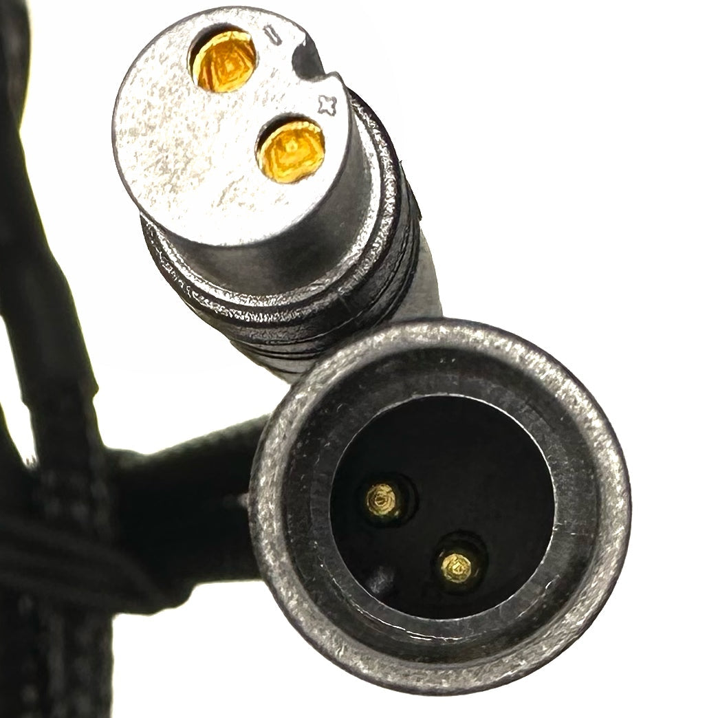 Close-up of ElectricAllWheel Z2095 2-Pin to XT60 cables with gold contacts and metal casing, perfect for braided extension use, shown against a white background.