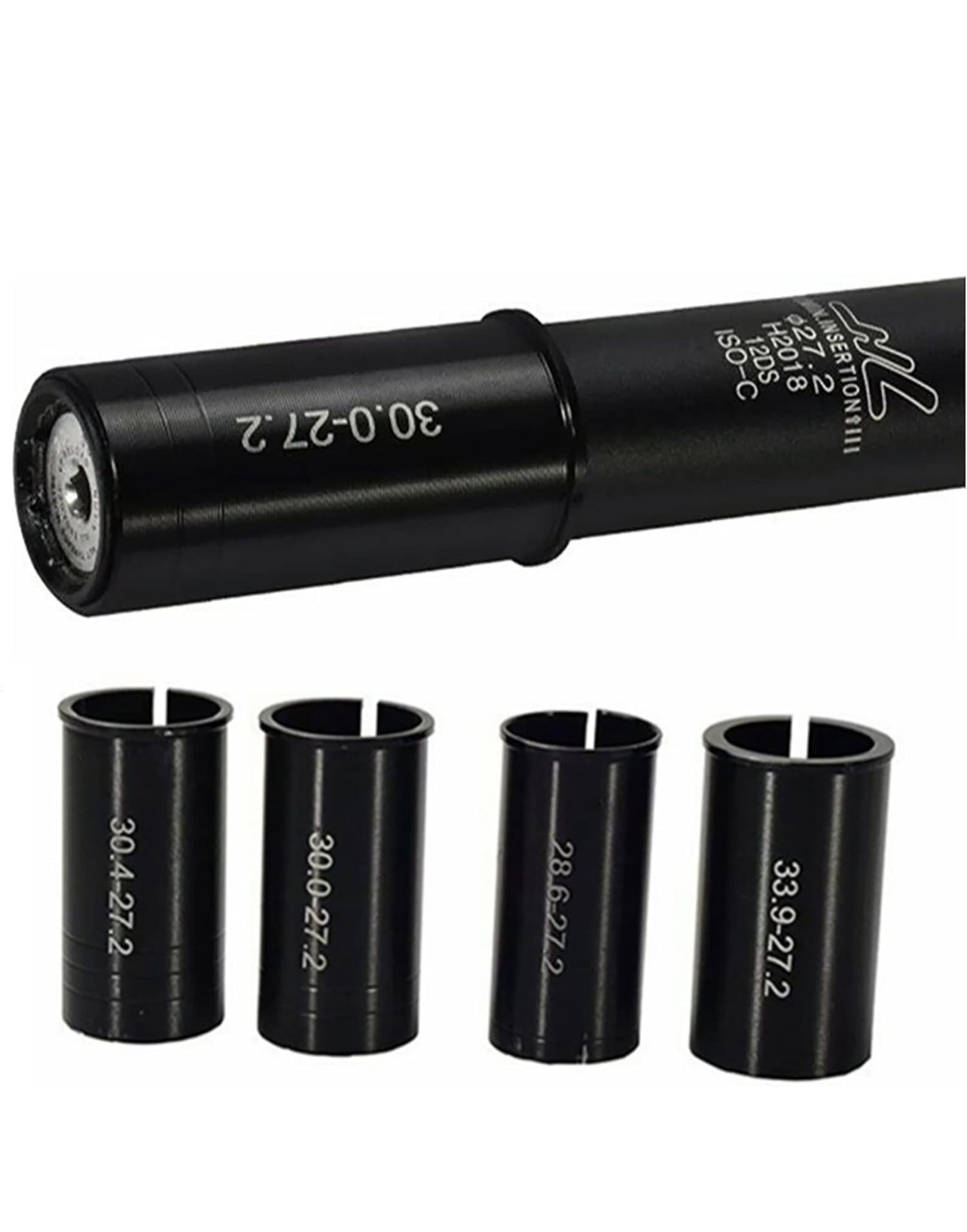 A set of four black metal Tampa Bay eBikes Seatpost Shim Sleeves, featuring engraved measurements, comes with a cylindrical tool for precise adjustments or calibrations. Ideal as a bike seatpost shim or adapter for accurate fitting every time.