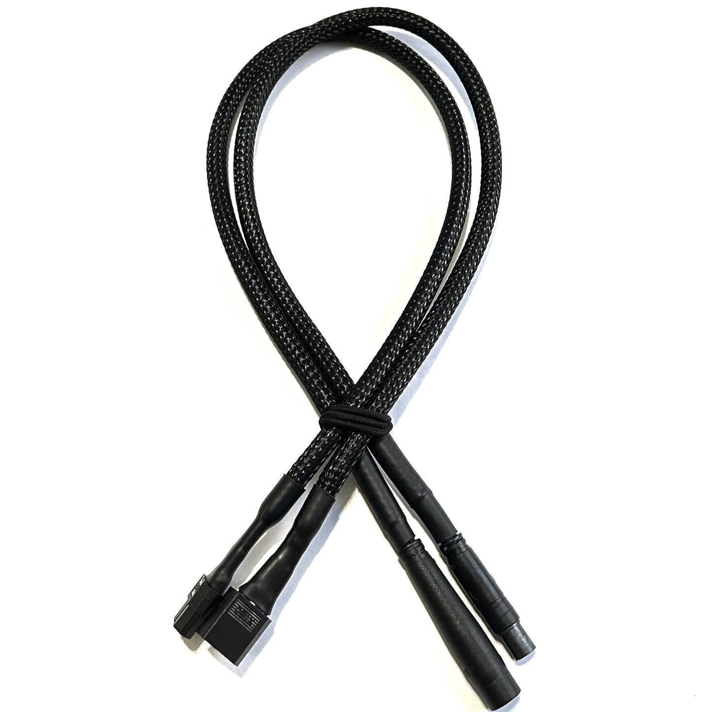 The ElectricAllWheel Z2095 2-Pin to XT60 cable features a black braided split design with three connectors—two round, one rectangular—secured with a black tie, ideal for custom extension or 2-Pin to XT60 applications.