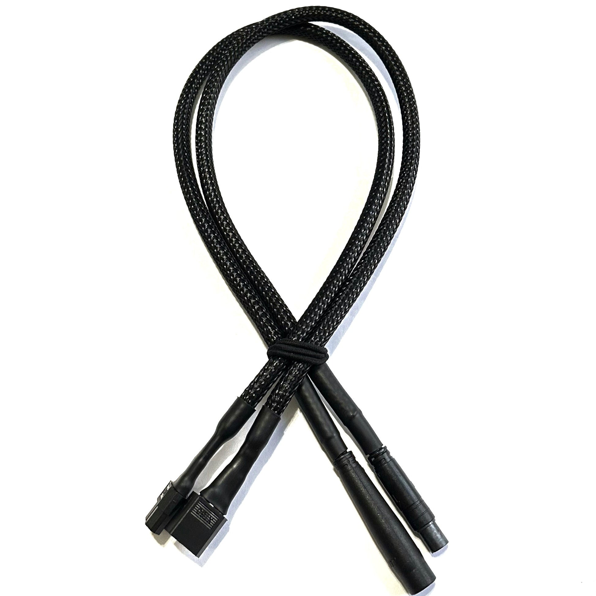 The ElectricAllWheel Z2095 2-Pin to XT60 cable features a black braided split design with three connectors—two round, one rectangular—secured with a black tie, ideal for custom extension or 2-Pin to XT60 applications.