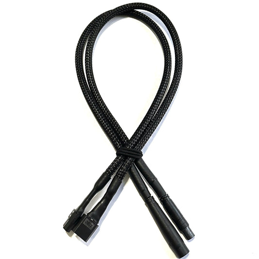 The ElectricAllWheel Z2095 2-Pin to XT60 cable features a black braided split design with three connectors—two round, one rectangular—secured with a black tie, ideal for custom extension or 2-Pin to XT60 applications.