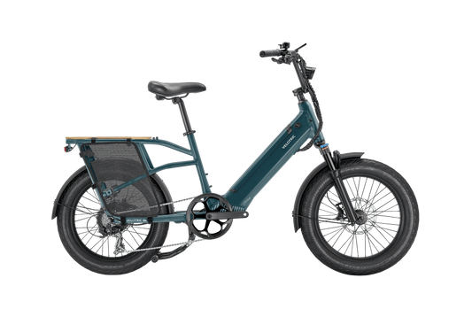 Velotric - Go 1 - Forest electric bicycle with a cargo rack, in dark teal, displayed on a black background. Ideal for urban commuters.