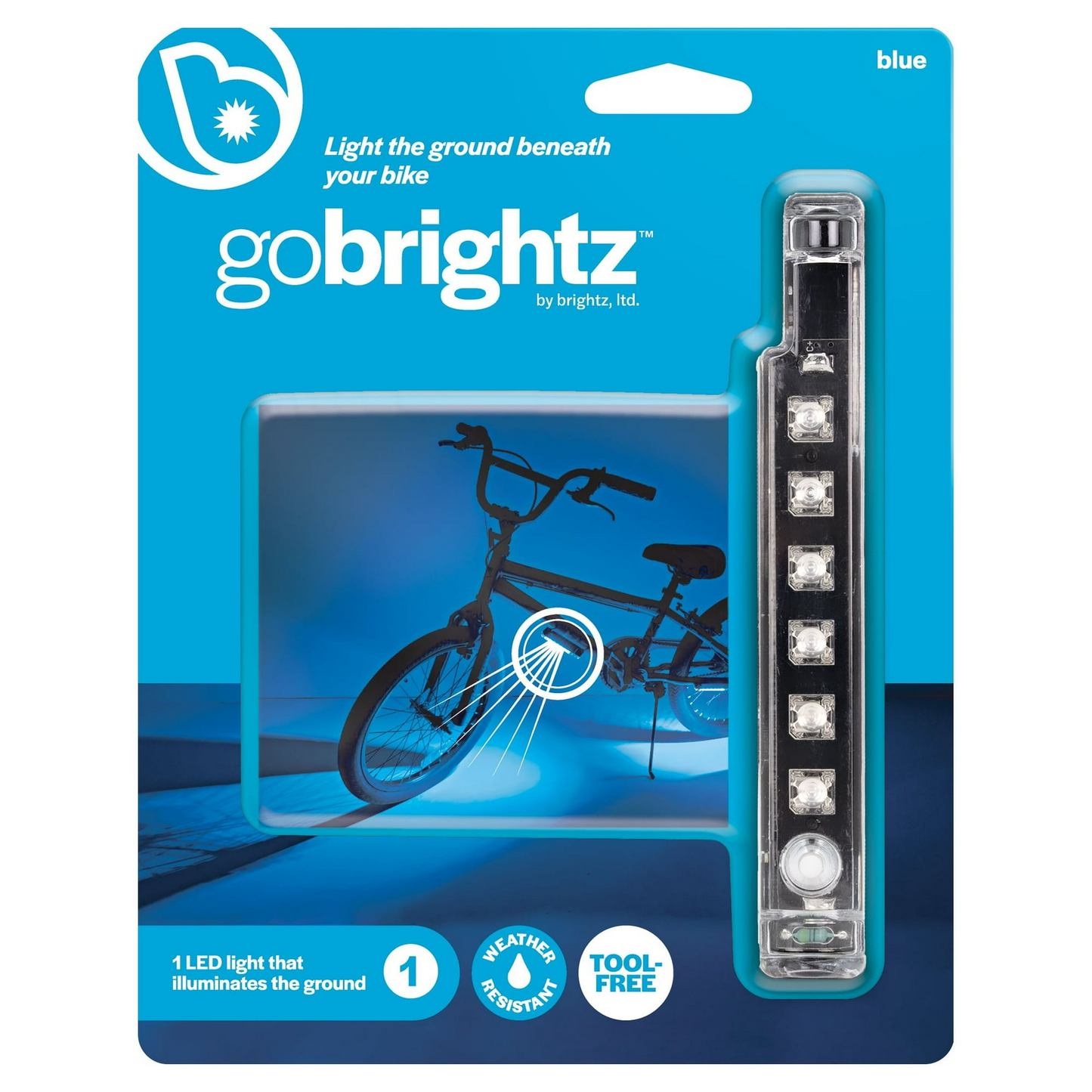 The Go Brightz LED bike light by Brightz, in blue packaging, features a bike casting a glow. It highlights weather resistance and tool-free installation. Enhance with WheelBrightz wheel lights for added flair.