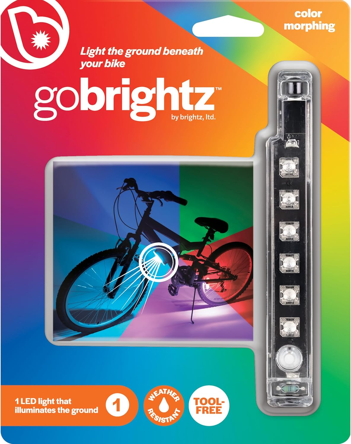 Go Brightz LED bike wheel lights by Brightz, featuring a bicycle with vibrant ground lighting. The packaging includes a product description, highlights weather resistance, and offers easy tool-free installation—perfect for enhancing your ride with dazzling wheel lighting.