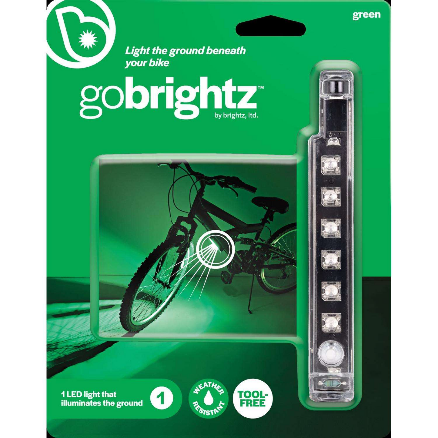 The Go Brightz light by Brightz, in green, features a silhouetted bike with an illuminated ground effect. It highlights LED bike wheel lights, weather-resistant, tool-free installation, and complements the vibrant WheelBrightz collection for enhanced biking adventures.