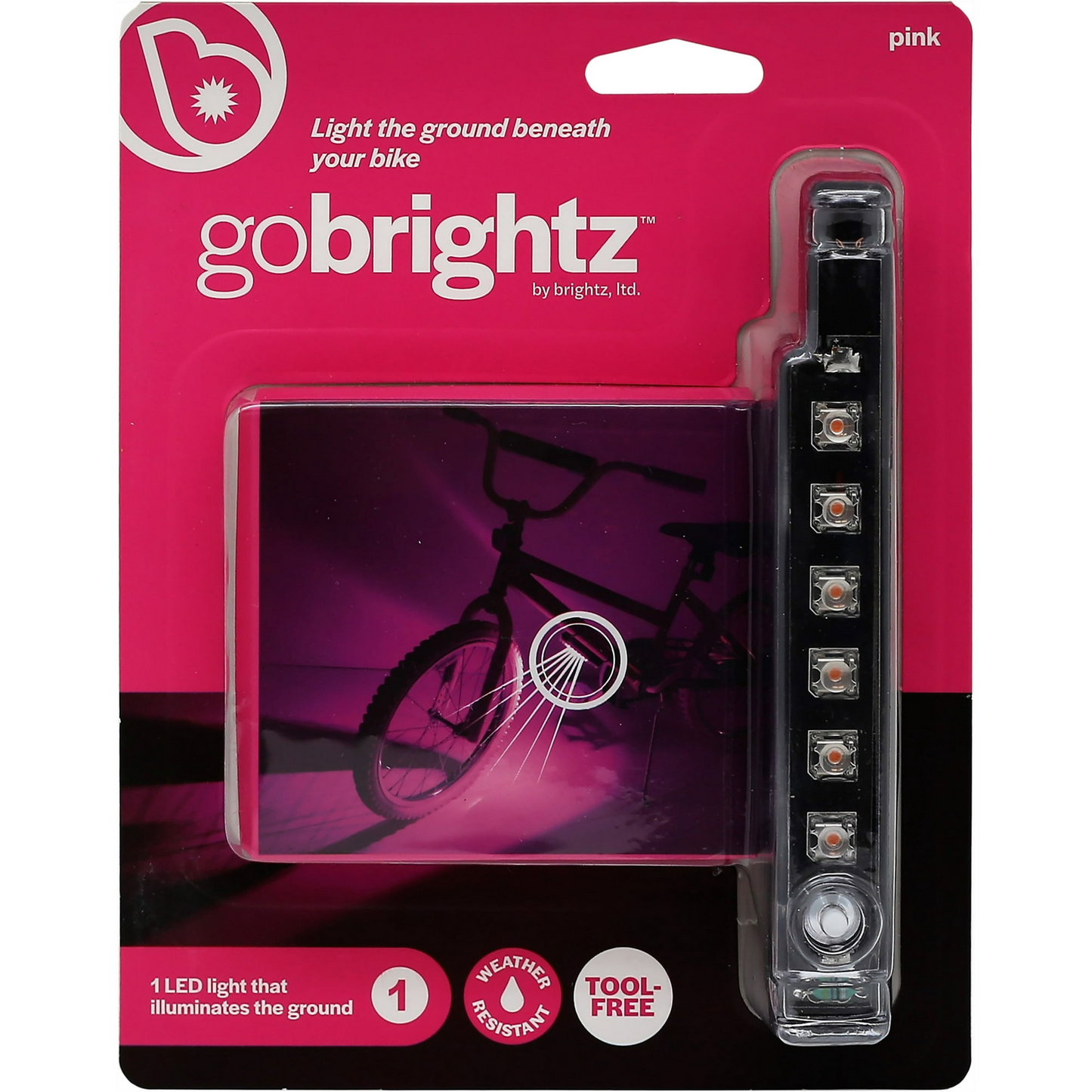 The Go Brightz pink bike light from Brightz features packaging with an illuminated bicycle, showcasing its weather-resistant LED. Ideal for enhancing your ride, it is also compatible with WheelBrightz for optimal illumination.