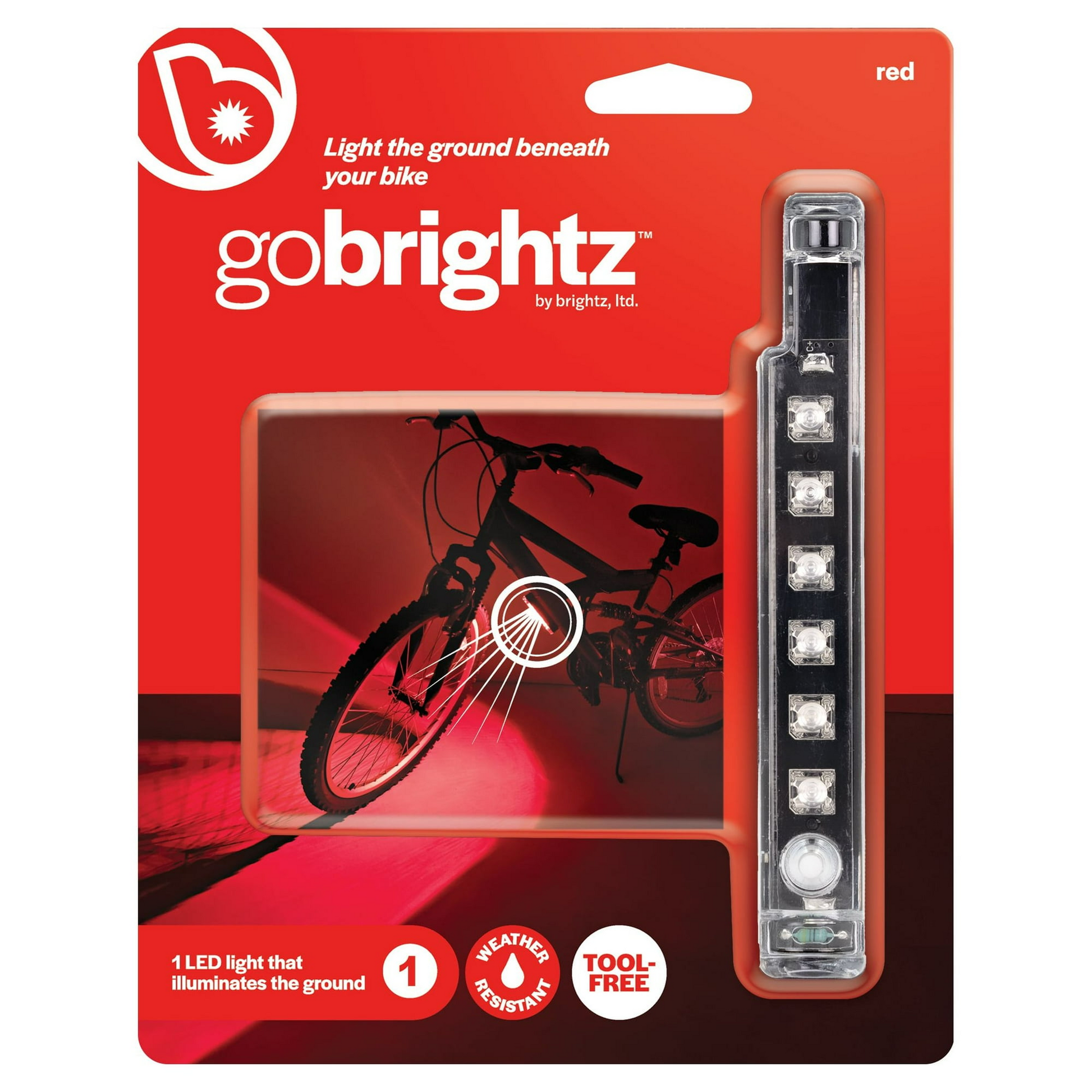 The Go Brightz packaging by Brightz features a red LED bike light kit that's easily installed without tools and is weather-resistant, making it simple to enhance your bike wheel lighting.