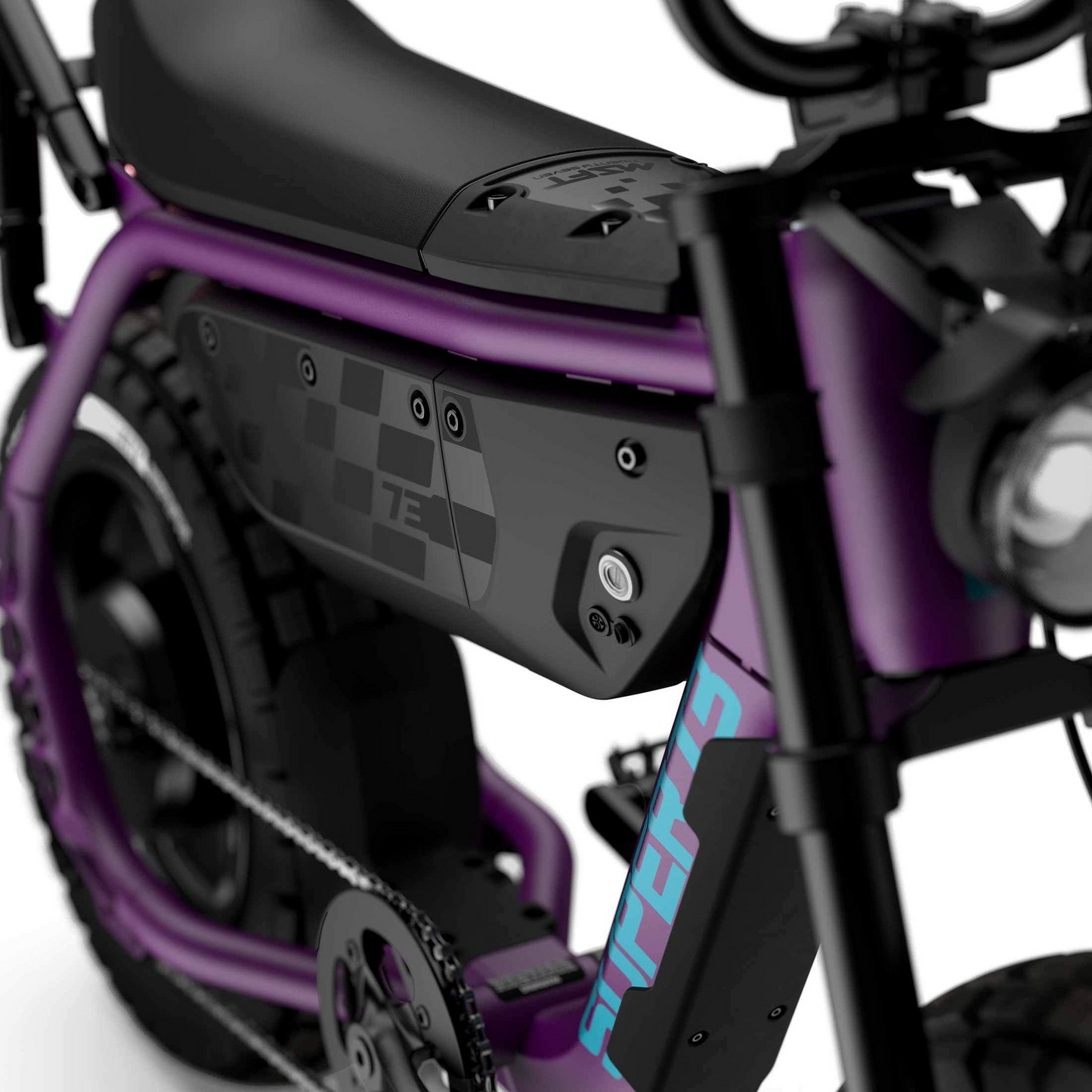 Close-up of a Super 73 - MZFT electric bike frame in purple, featuring a black side panel labeled "TE," thick rear tire, saddle, and chain—ideal for urban riders and fans of Super 73.