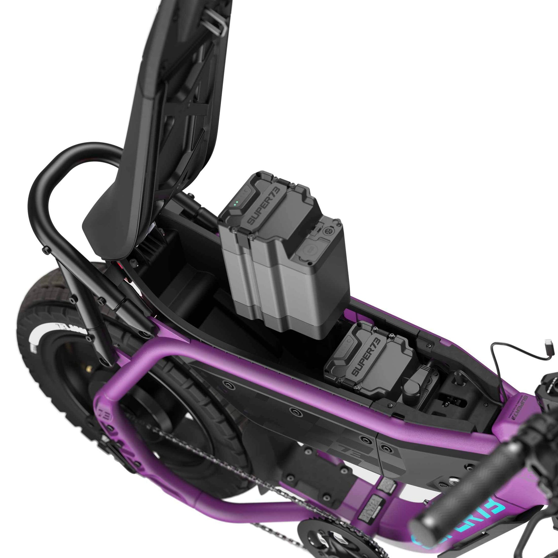 A close-up of the Super 73 - MZFT by Super 73, a purple moto-inspired eBike with its seat lifted to show two battery packs installed underneath.