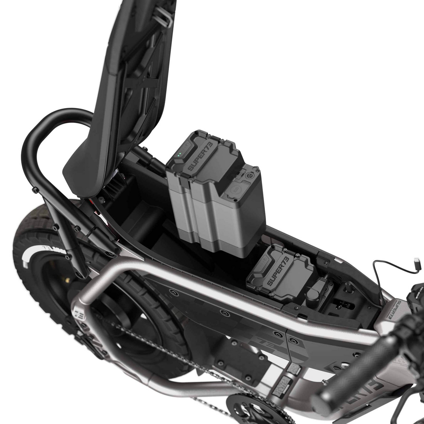 An open compartment on the Super 73 - MZFT electric bike by Super 73 reveals two large batteries securely mounted inside its frame.