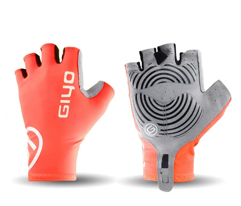 Pair of red and gray fingerless cycling gloves, Gloves - Giyo - Salmon by GIYO. The left glove shows the outer design with a logo, and the right glove shows the inner padded grip area.