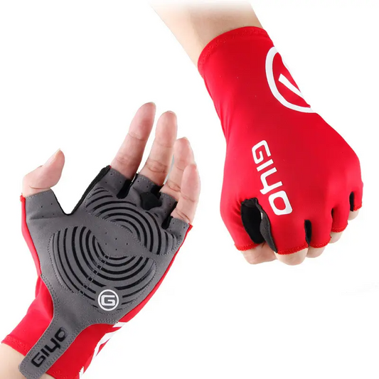 Two hands wearing GIYO Gloves - Giyo - Red. One hand is shown palm side up, displaying the glove's grip design, while the other hand is in a fist, showing the logo "GIYO.