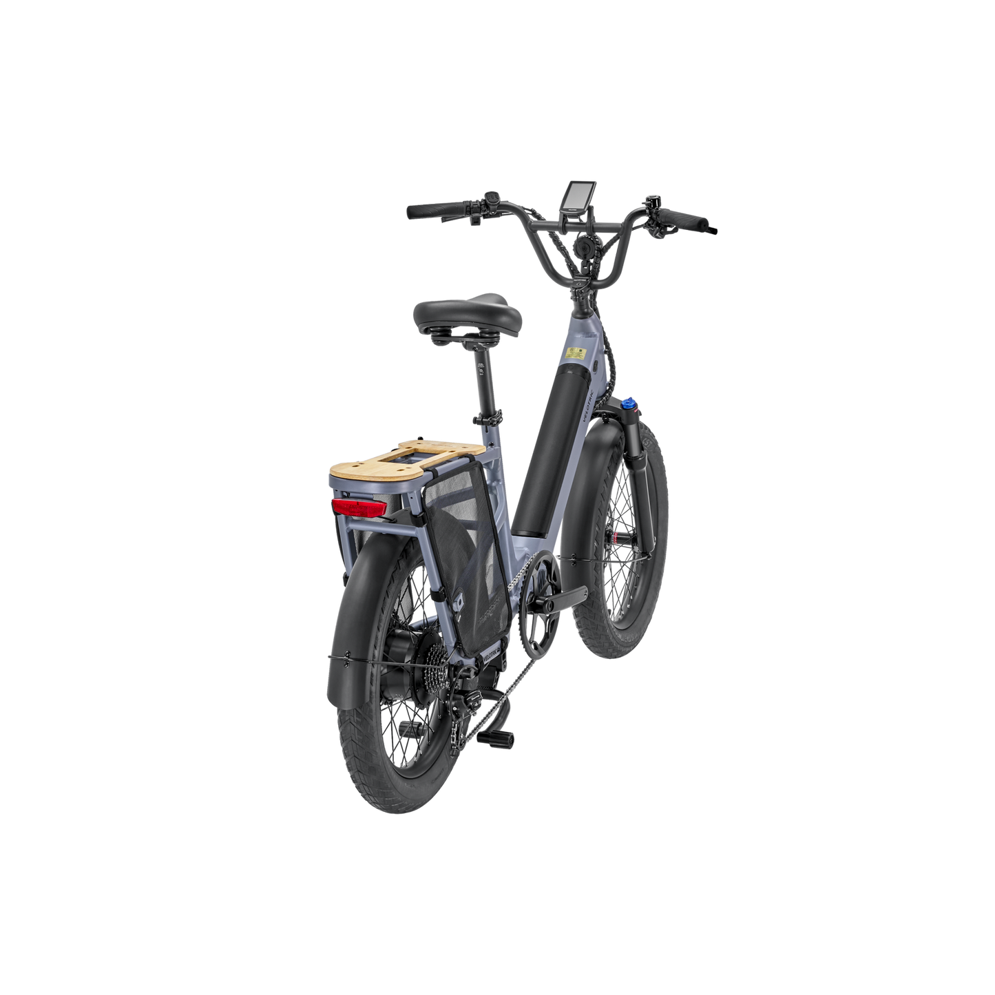 A Velotric - Go 1 - Indigo Gray electric bike with a wooden seat.