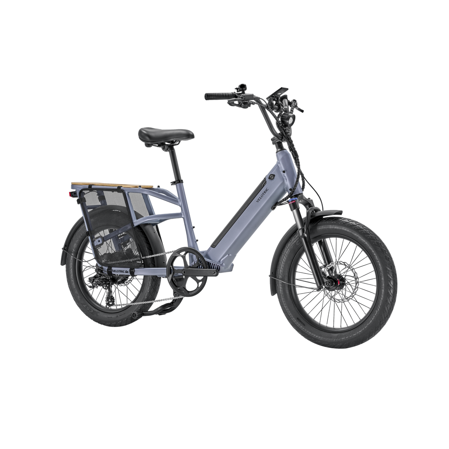 The Velotric - Go 1 - Indigo Gray electric bike is shown against a black background.