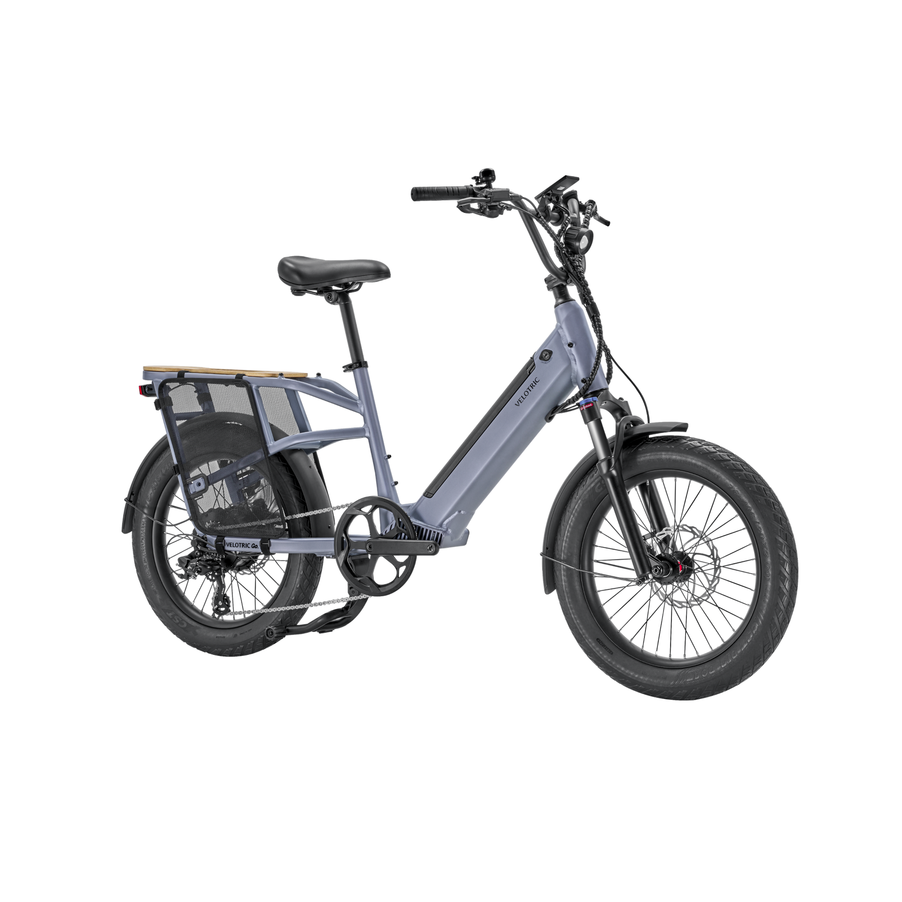 The Velotric - Go 1 - Indigo Gray electric bike is shown against a black background.