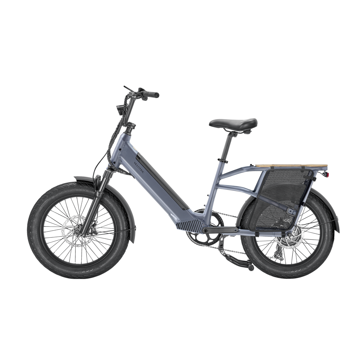 The Velotric - Go 1 - Indigo Gray electric bike is shown against a black background.