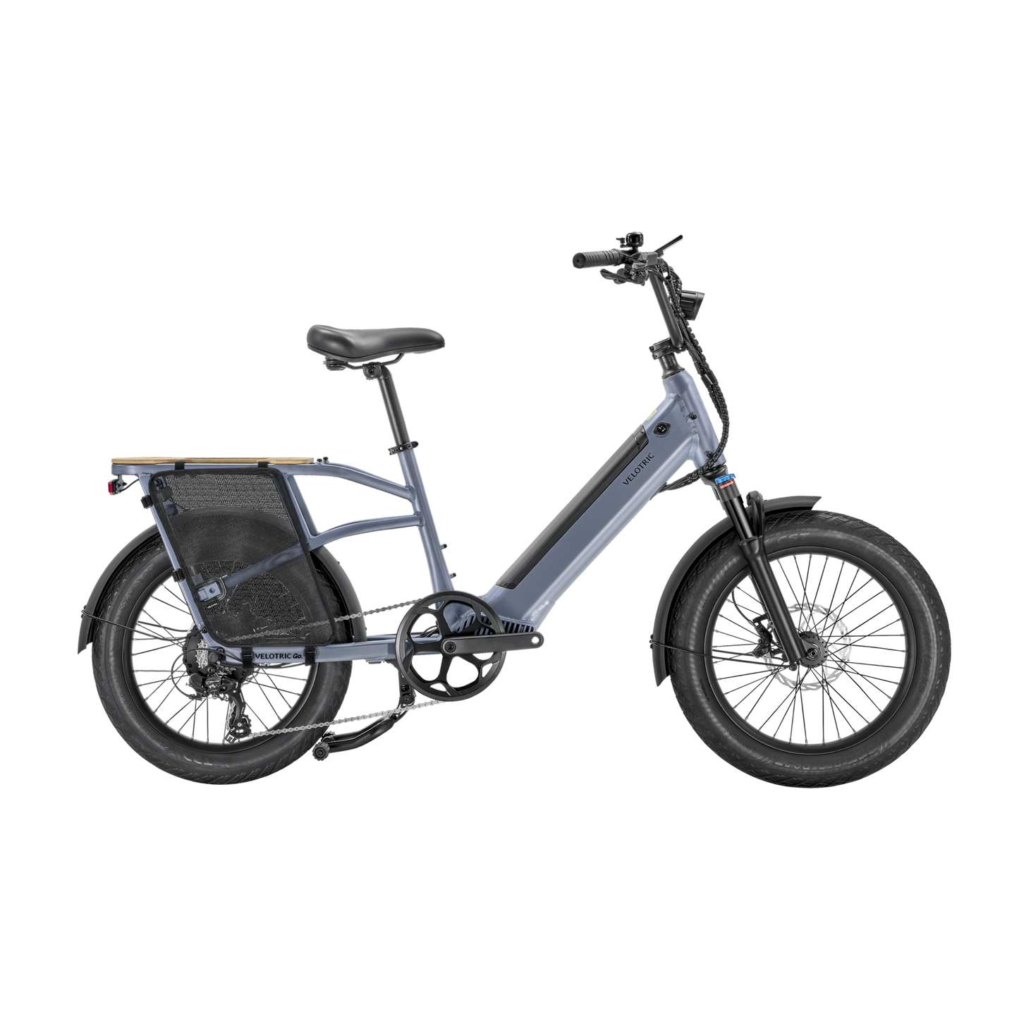 The Velotric - Go 1 - Indigo Gray electric bike is shown against a black background.