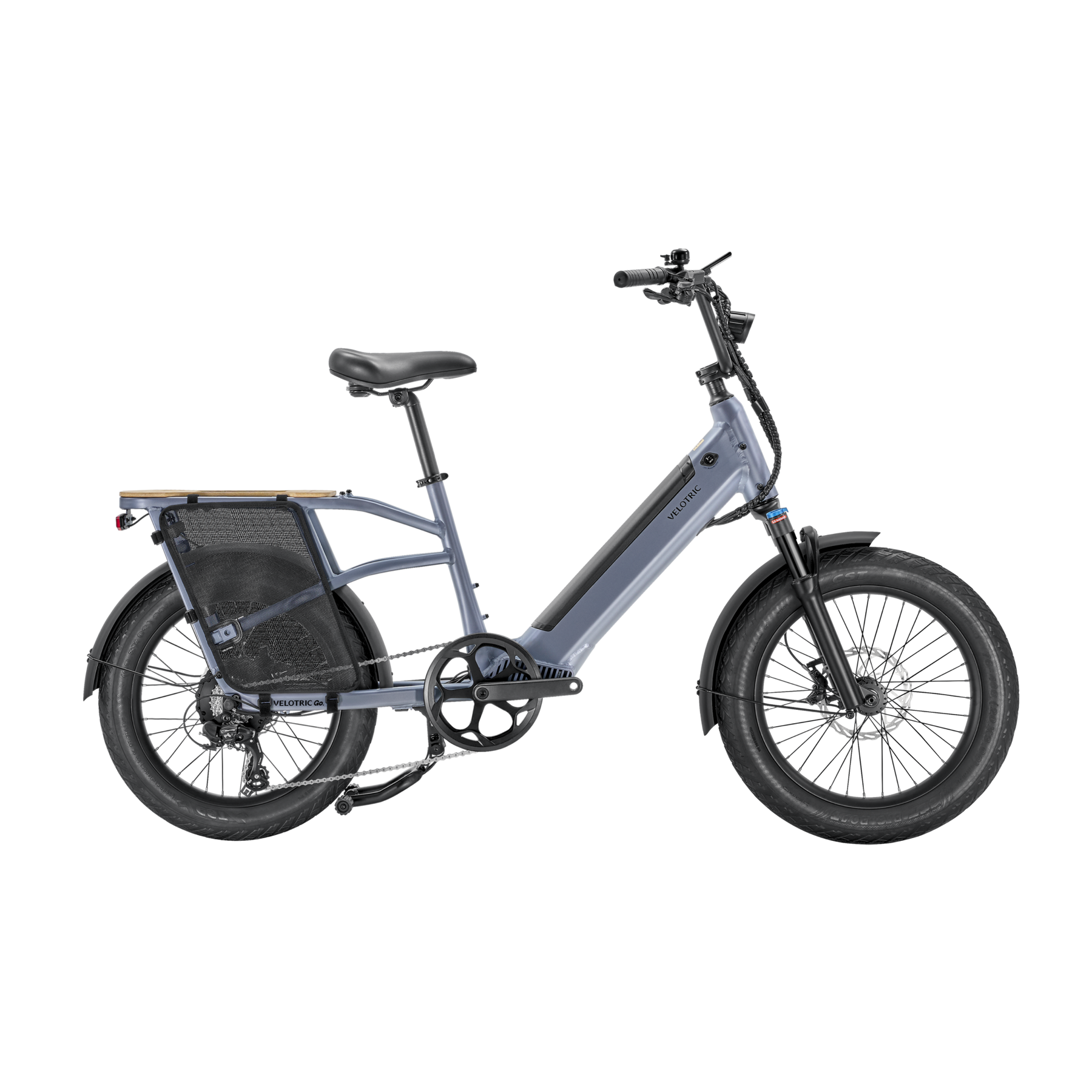 The Velotric - Go 1 - Indigo Gray electric bike is shown against a black background.