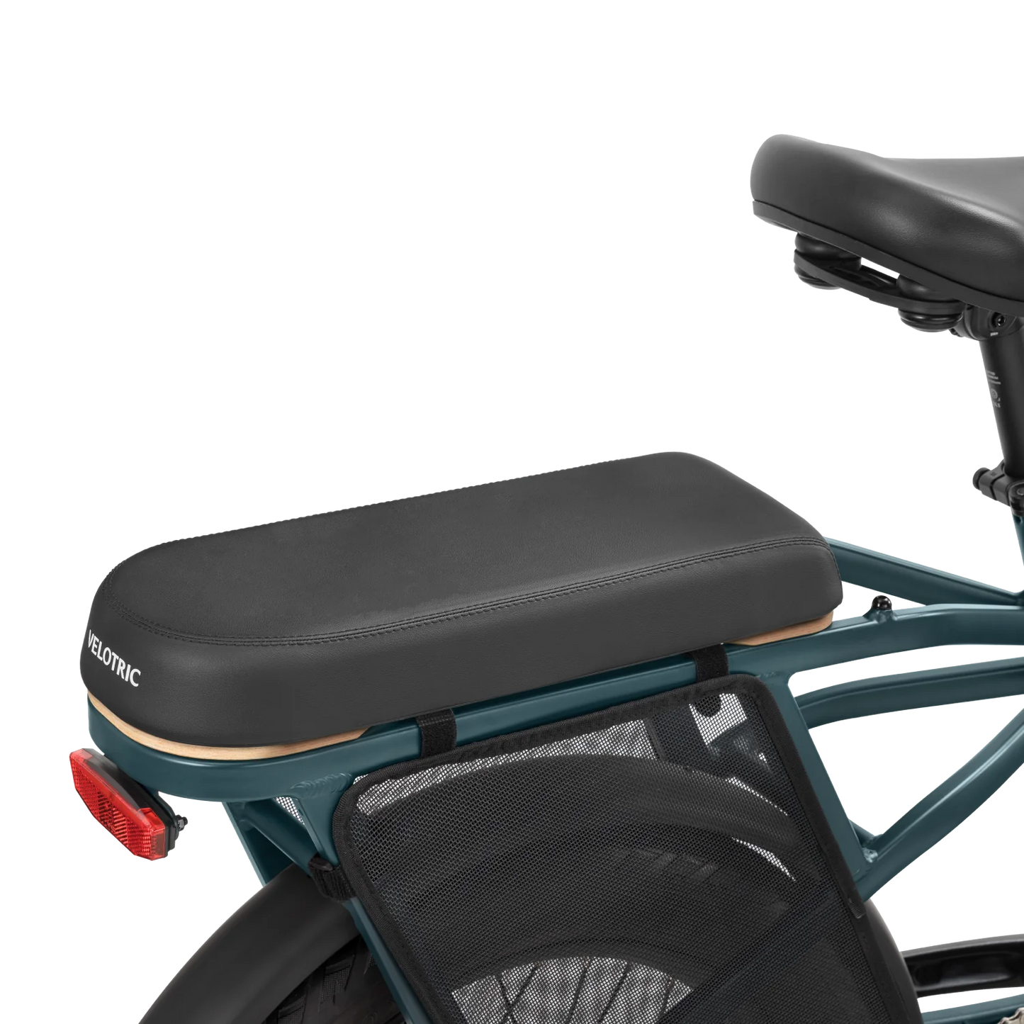 Close-up view of a Velotric Go 1's rear seat and frame, featuring a Seat Pad - Velotric Go / Fold with high-elastic sponge and a rear light.