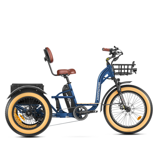 Introducing the Addmotor GRANDTAN X, an electric tricycle equipped with dual shock absorbers. This model features wide beige tires, a rear cargo compartment, a front basket, and a single brown cushioned seat for added comfort.