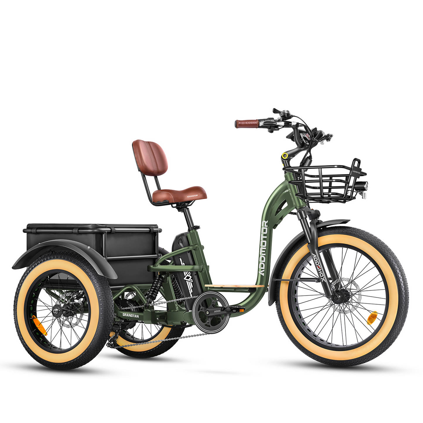 The Addmotor GRANDTAN X Full Suspension Trike features a brown seat, a front basket, and an expansive storage compartment at the rear. Its green frame paired with beige tires seamlessly complements the rear-mounted motor, ensuring an efficient ride every time.