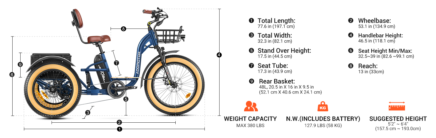 Diagram of an Addmotor GRANDTAN X electric tricycle in blue, highlighting a rear-mounted motor and including detailed measurements such as total length, wheelbase, height, and weight capacity. It features dual shock absorbers, a rear basket, and wide tires to enhance performance.