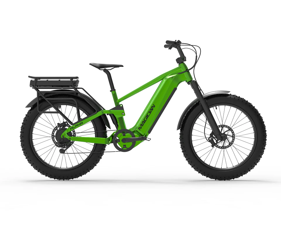 The Magician Alpha by Magician is a green high-performance electric bike featuring thick tires, a rear cargo rack, disc brakes, and an integrated frame battery.
