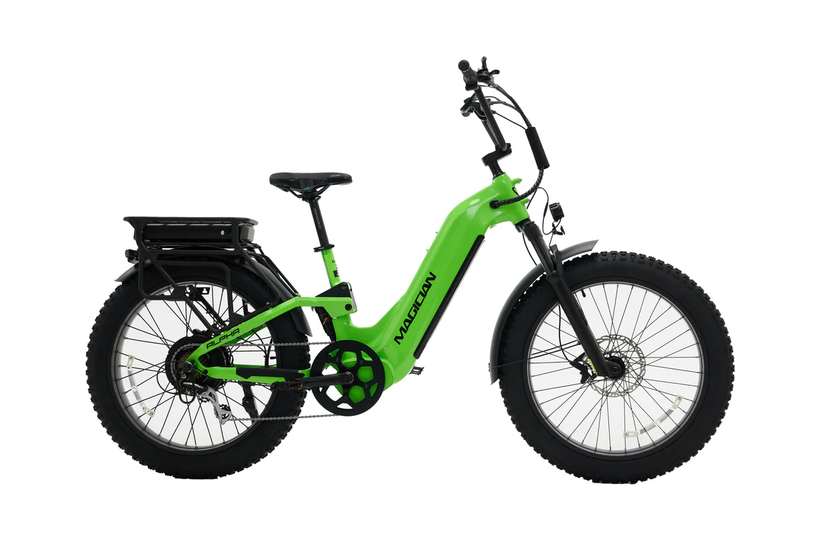 Side view of a bright green Magician Alpha e-bike by Magician, featuring thick tires, a rear battery pack, front suspension fork, and a step-through frame.
