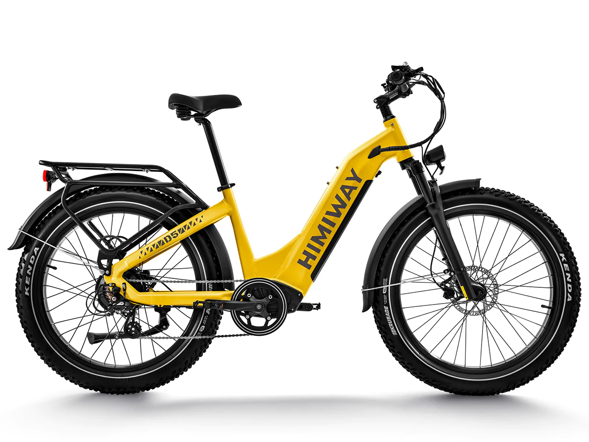 The Himiway Zebra Step Through - Yellow, a powerful 750W gear hub motor electric bike with 26-inch Kenda fat tire, is shown against a white background.