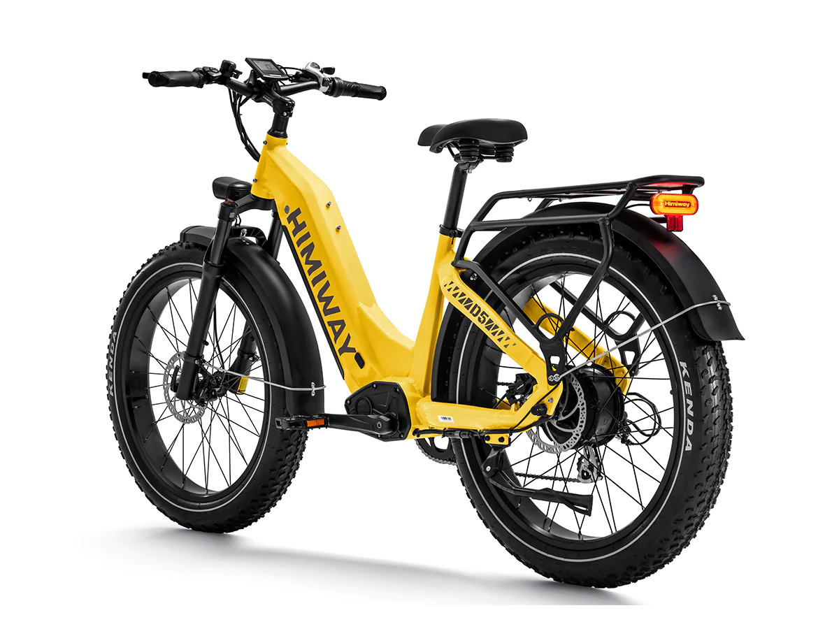 A powerful Himiway Zebra Step Through Yellow electric bike with a 750W gear hub motor and 26-inch Kenda fat tire, on a white background.