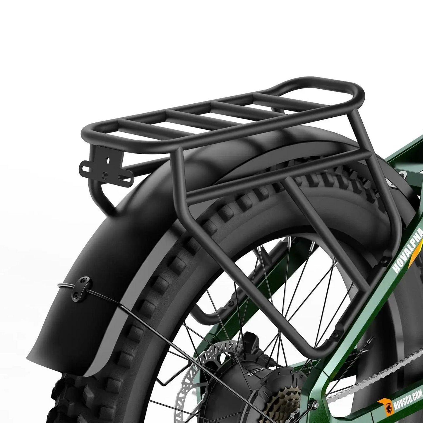 An image of a green bike with a Hovsco HovAlpha Heavy Duty rear rack attached to it.