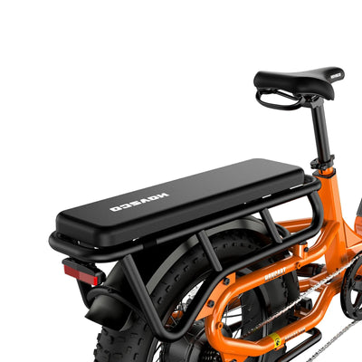 An Hovsco electric bike with a HovCart Backseat Cushion on the back.