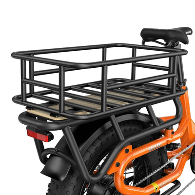 An orange bicycle with a Hovsco Large Rear Mounted Basket for cargo capabilities.