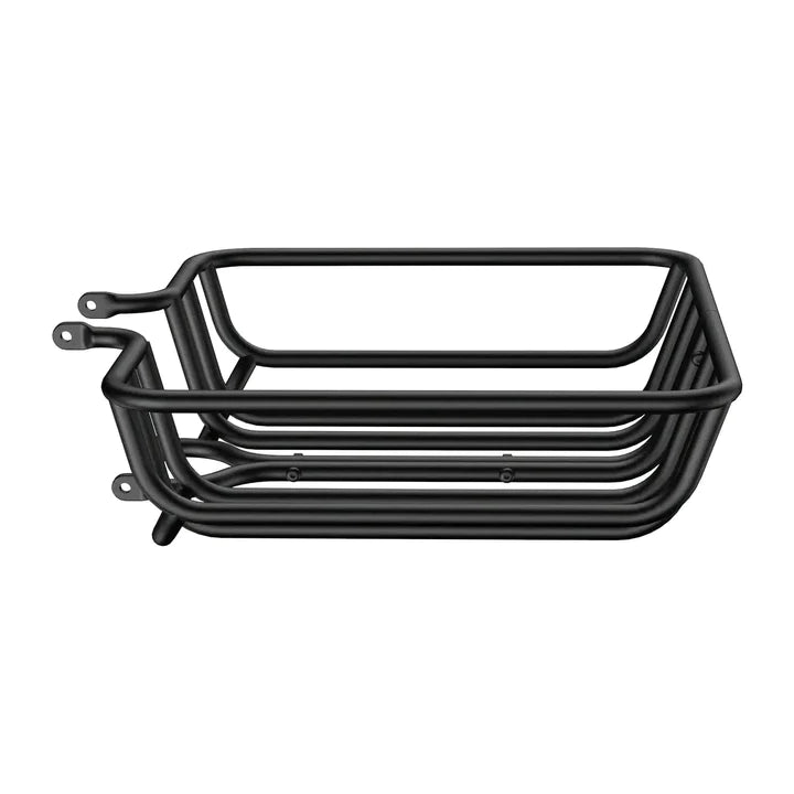 A Hovsco black aluminum bike basket with dimensions on a white background.