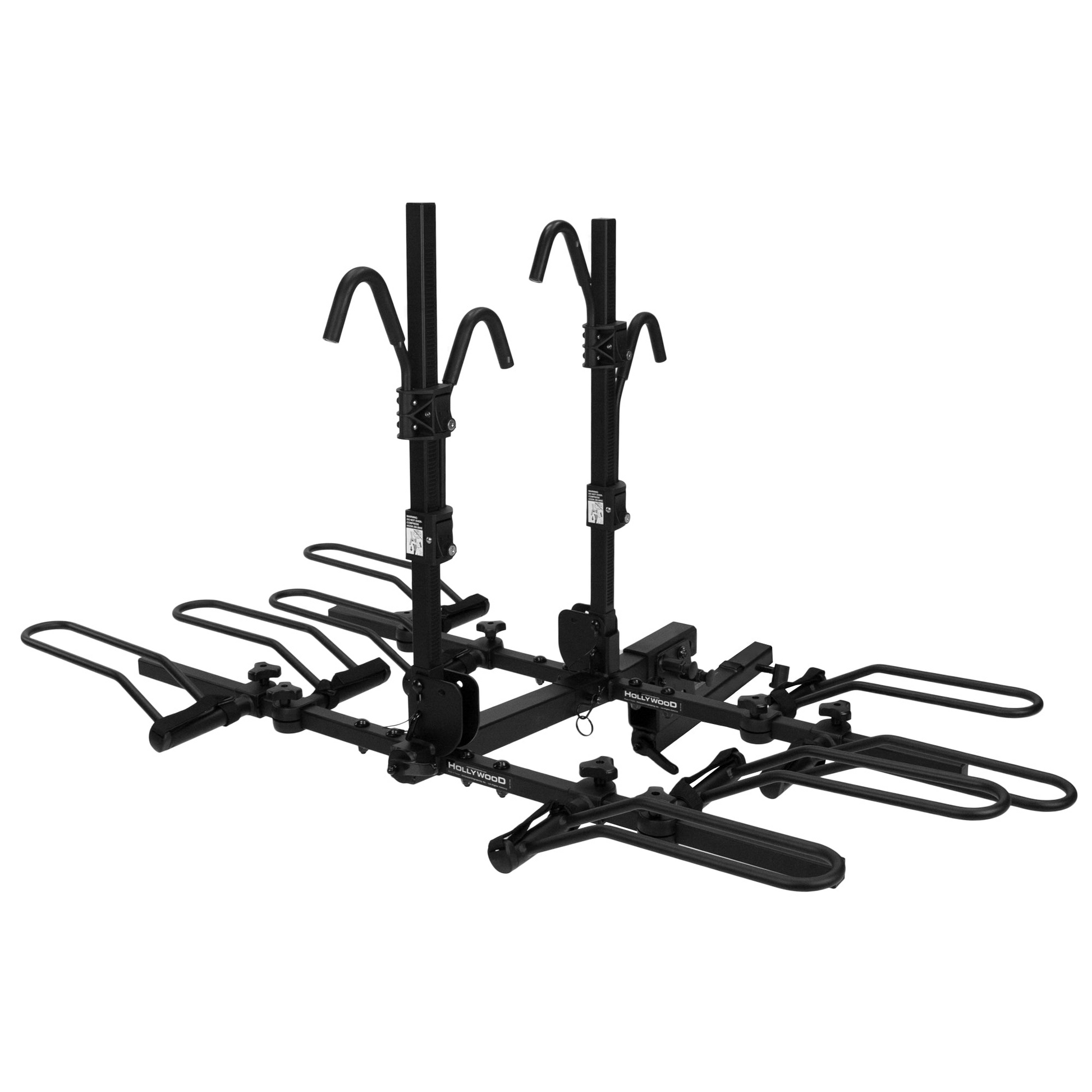 The Hollywood Racks - Sport Rider SE4, a hitch bike rack, features an easy-to-use black design with two handles for convenient use.
